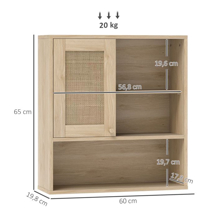 Armoire murale, meuble haut salle de bain avec porte coulissante en rotin et étagères Armoire murale, meuble haut salle de bain avec porte coulissante en rotin et étagères