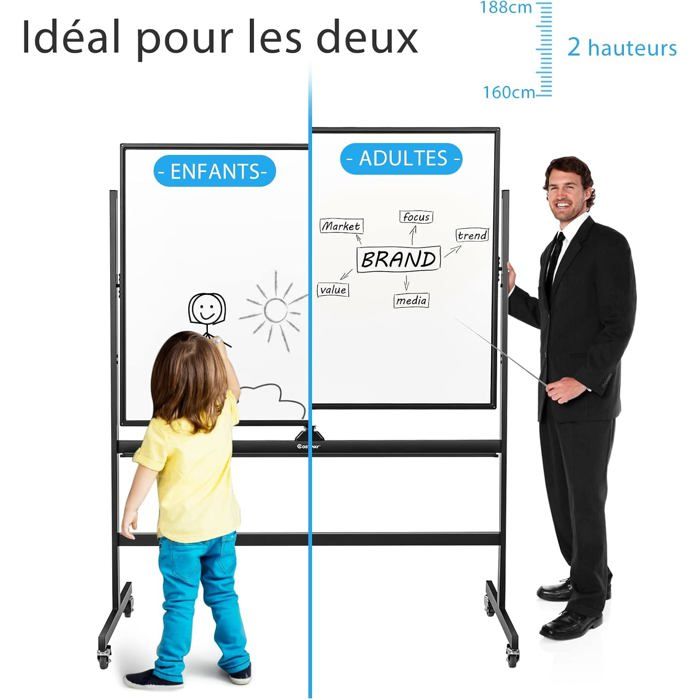 COSTWAY Tableau Blanc Mobile Réversible à 360° 90x120cm avec 4 Roulettes Réglable en Hauteur Effaçable à Sec Aimants 6 Marqueurs - Beaux-Arts et Loisirs créatifs