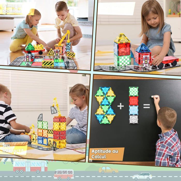 YOOHBERRYS Construction Magnétique Route 70 Pièces - Blocs Magnétiques Éducatifs Pour Enfants 3+ Ans, Routes, Panneaux Et Véhicules, Super Cadeau Créatif