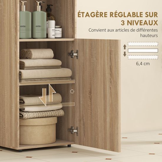 Armoire Salle De Bain Étroite HOMCOM - 4 Niveaux De Rangement, Placard Fermé, Étiquette Chêne Jaune - 12