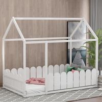 Lit cabane enfant cadre de lit bois de pin massif 80x160 cm Avec un toit et une clôture BLANC