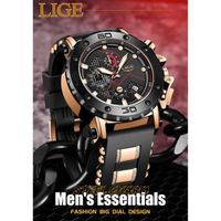 Montre à quartz Militaire pour homme, chronographe de sport, Montre de luxe Lige Originale noir