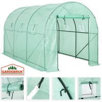 Serre de jardin tunnel avec bâche polyéthylène vert transparent 350x200x200cm 6 fenêtres serre 7 m² étagères légumes fruits semis