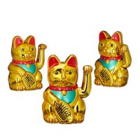 3er Set Maneki Neko Winkekatze Gold, Glückskatze groß, winkende Katze China, Glücksbringer Figur, HxBxT: 16 x 10 x 8 cm