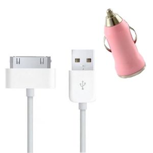 ACCESSOIRES SMARTPHONE [Compatible iPhone 4 - 4S - 3G - 3GS] Cable 1M + Chargeur Voiture Rose [Phonillico®]