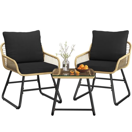 Set Salon Jardin 3 Pièces - 2 Fauteuils + Table Basse En Polyrotin Noir/kaki