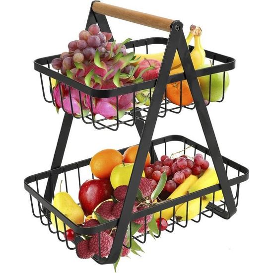 Corbeille à Fruits 2 Étages - Support Organisateur Métal Avec Poignée Bois, Noir