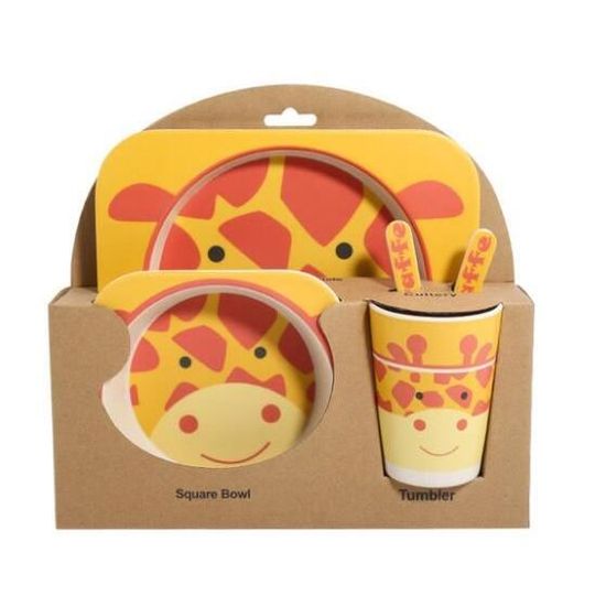 5 PCS Vaisselle Enfant en Fibre de Bambou Bol de Dessin d'Animal Set de Table pour Bebe Enfant Tasse Cuillère Fourchette Fauve