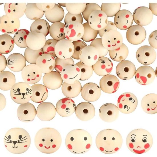 40 Pièces Perles En Bois Avec Visage 20mm Boules En Bois Avec