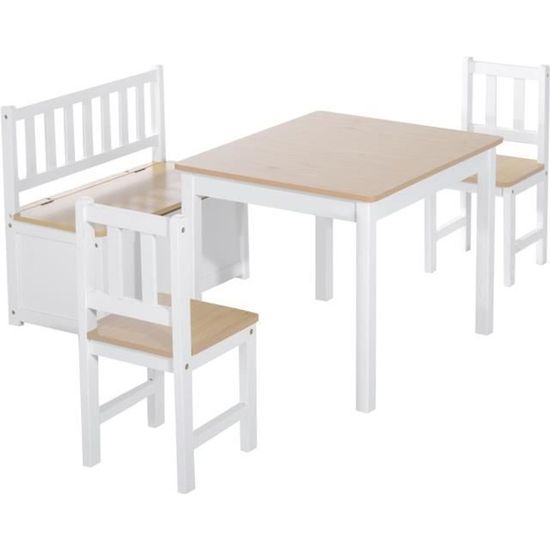 HOMCOM Ensemble de table et chaises enfant - set de 4 pièces - table, 2 chaises, banc coffre 2 en 1 - MDF pin blanc bois clair