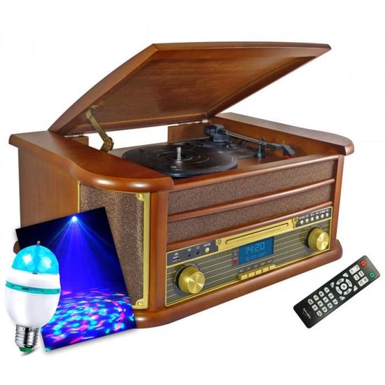 Chaîne Hifi INOVALLEY RETRO29-E vinyle style rétro Bluetooth, CD, K7 Audio, FM, USB + télécommande, Ampoule Culot E27 DIAMS LED