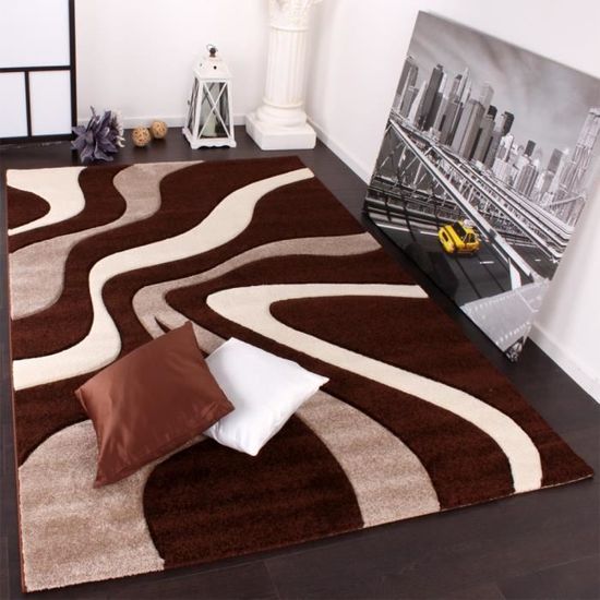 Tapis moderne design Marron Beige Crème 240 x 330 cm Motif Vagues