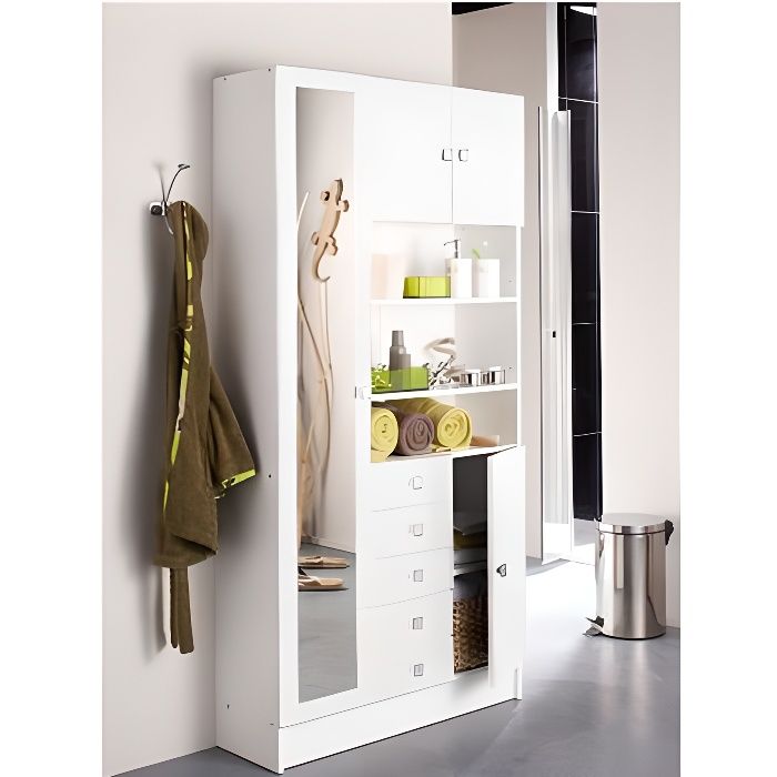 Armoire de salle de bains Variety, 9 tablettes, 5 tiroirs, 4 tablettes, 1 miroir, panneaux de particules avec finition blanche.