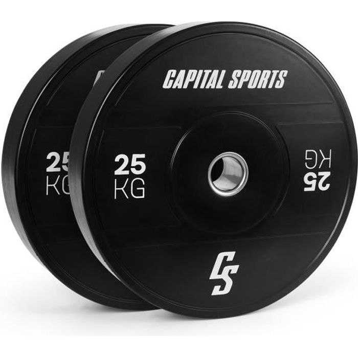 Disques de poids pour haltères - Capital Sports Elongate 2020 - bumper plates - 2 x 25 kg - caoutchouc dur - noir