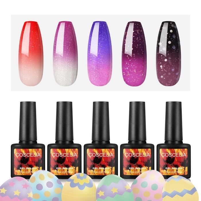 COSCELIA Kit 5pc Vernis Semi Permanent À Ongle Température Couleur Changée Kit Vernis Gel A Ongle Nail Soak Off LED Gel Nail Art