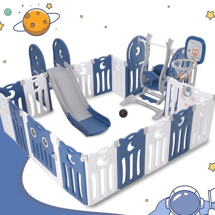 MODERNLUXE Parc bébé multifonctionnel pliable aire d’activité avec balançoire, toboggan et panier de basket en plastique, bleu