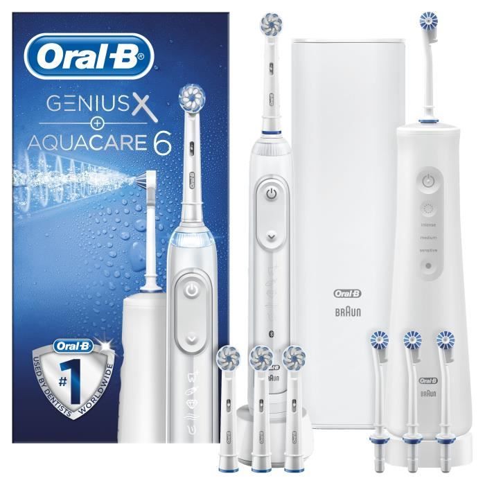 Oral-B Genius X + Aquacare 6 Kit Brosse à Dent Electrique Rechargeable, 1 manche, 4 brossettes & 1 hydropulseur avec 4 jets oxyjet