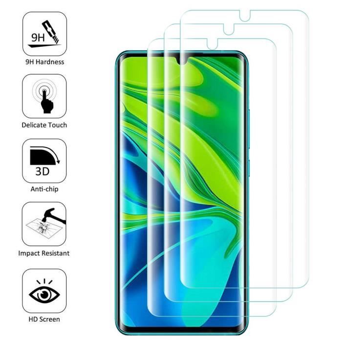 Pour Xiaomi Mi Note 10- Note 10 Pro 6.47-: Lot- pack de 3 Films Protection écran VERRE Trempé Bord Incurvé Resistant - Transparent