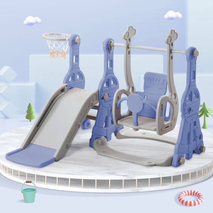4 en 1 Toboggan Enfant en Forme Éléphant avec Panier de Basketball, Toboggan Extérieur Intérieur