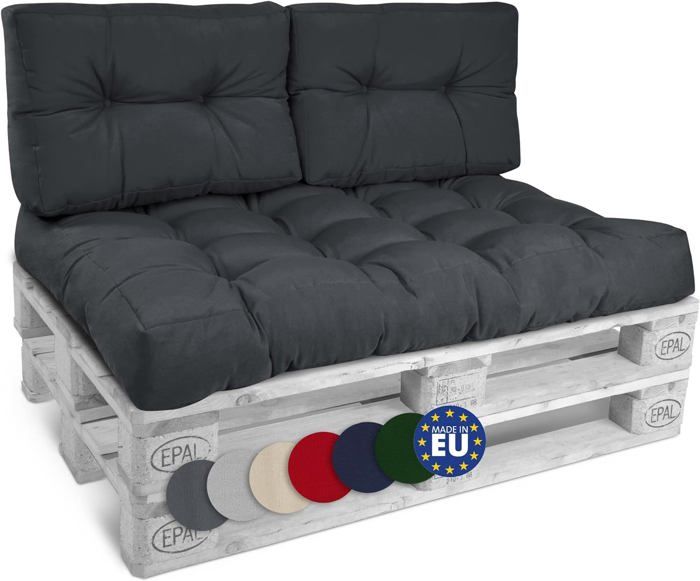 Set De 2 Coussins Pour Palette Européenne - Assise 120x80cm + Dossier 120x40cm - Gris Graphite - Oeko-Tex