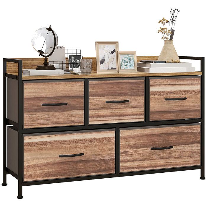 Commode Meuble de Rangement HOMCOM 5 tiroirs en Tissu 98 x 29 x 63 cm structure en acier noir