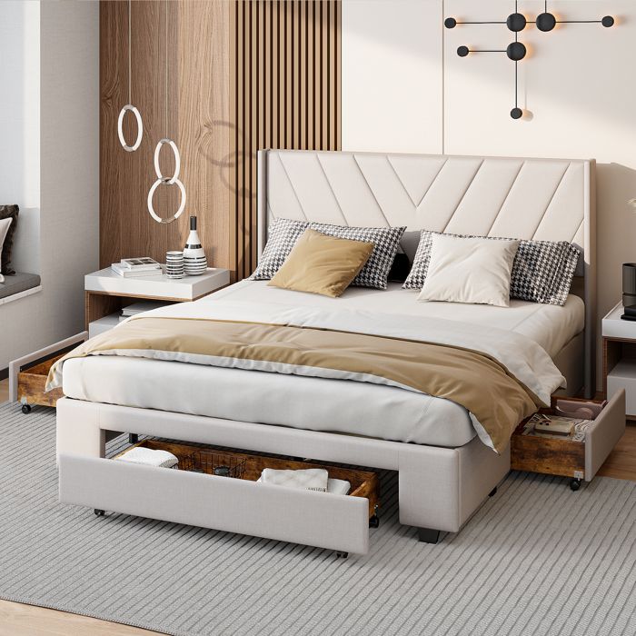 Lit adulte 160 x 200 cm avec sommier à lattes lit rembourré avec 3 tiroirs tissu en lin beige
