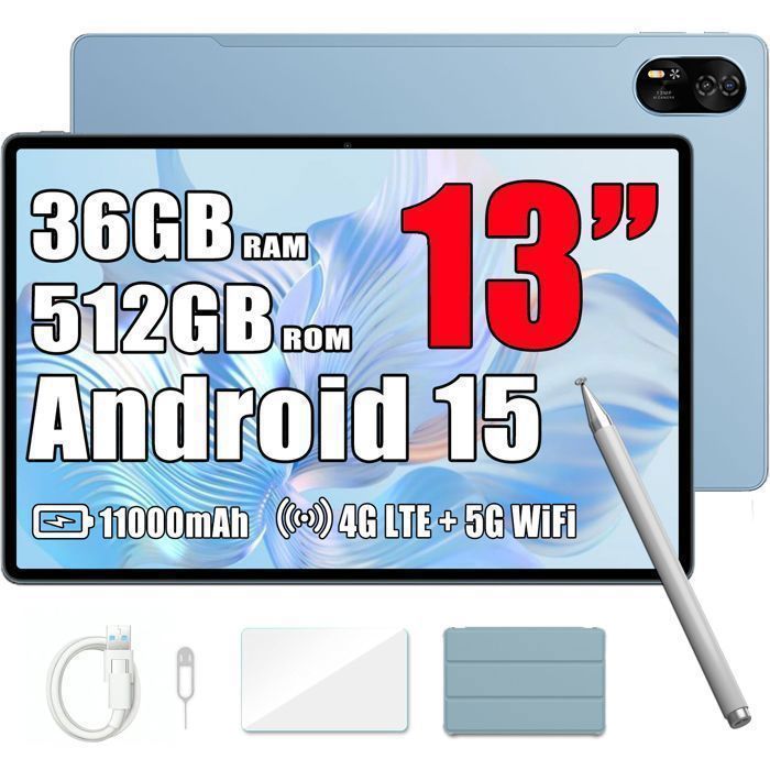 Blackview MEGA 8 Tablette Tactile 13 90Hz Gemini AI Android 15 36 Go RAM 512 Go/SD 2 To11000mAh50MP+13MPWifi Dual Sim – Bleu