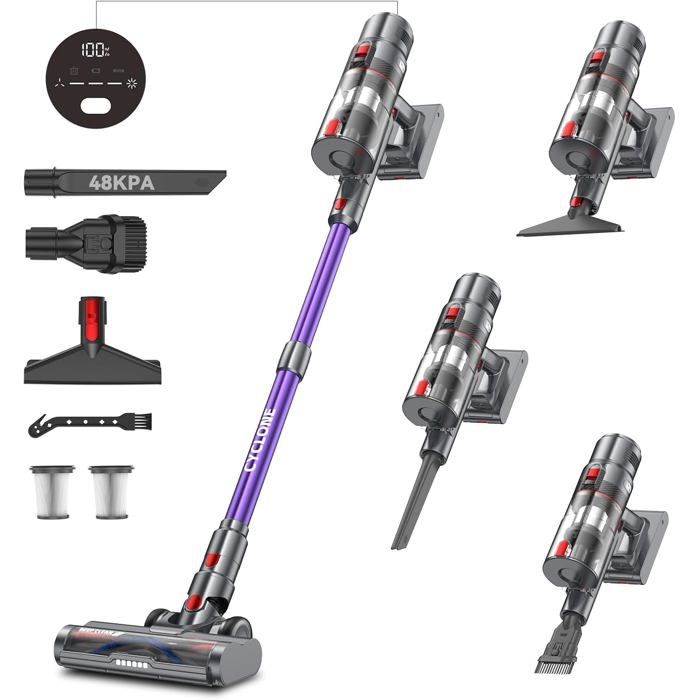 Aspirateur Balai Sans Fil 48KPa - Autonomie 70 Min, écran Tactile LED, Brosse Anti-poils