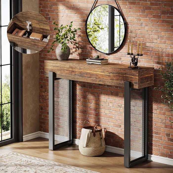 Finmind Table Console avec Stockage - 105 x 30 x 80 cm - Table dentrée avec pieds en métal maillé - Design Industriel - Marron