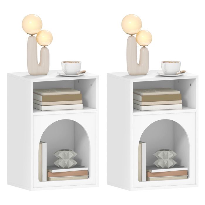Lot de 2 tables de chevet - HOMCOM - compartiments ouverts - design arqué - MDF - 40 x 30 x 60 cm - blanc