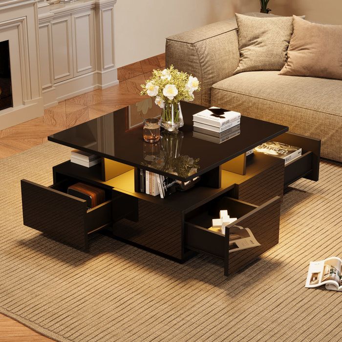 Table basse carrée brillante 70x70x40 cm - Avec éclairage LED - 4 tiroirs - Noir