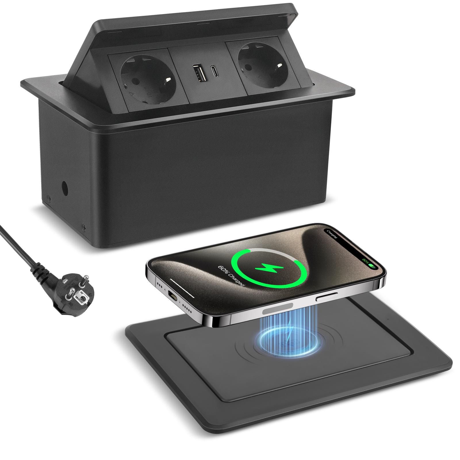 Prise Encastrable Plan de Travail 1.8M Câble Multiprise Plate avec USB C PD 20 W et 15 W Encastrable Sans Fil Escamotable