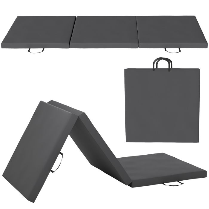 Tapis de gymnastique - HOMCOM - pliable en 3 panneaux - avec poignées - revêtement synthétique - 180 x 60 x 5 cm - gris