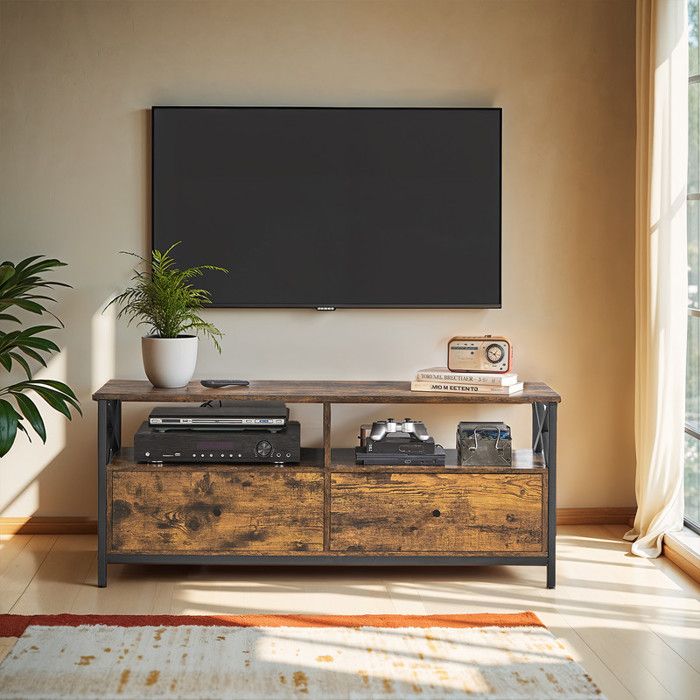 Meuble TV - Style Industriel - 120x40x50 cm - Marron et Noir - 2 Tiroirs - 2 Étagères