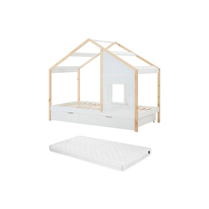 Lit cabane 90 x 190 cm avec tiroir - Pin et MDF - Coloris : Blanc et naturel + Matelas - RINELYA