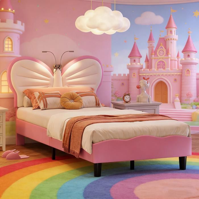 Lit enfant - KILISKY - Papillon - 90 x 200 cm - Tête de lit réglable - Lampe de chevet intégrée