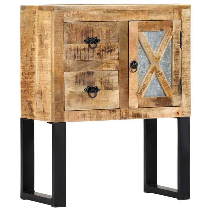 Buffet en bois de manguier massif - Happiness - 60x30x76 cm - Naturel et noir - 1 porte 2 tiroirs - Facile à monter