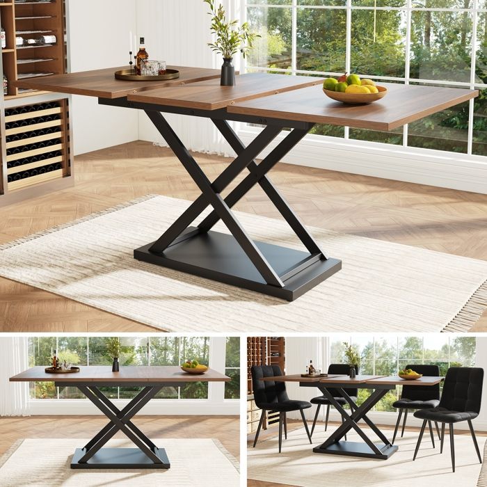 Table à Manger Extensible (120-160×80cm)Table à Manger 6-8 PersonnesÉconomique d’EspacePieds en Fer CroisésNoyer