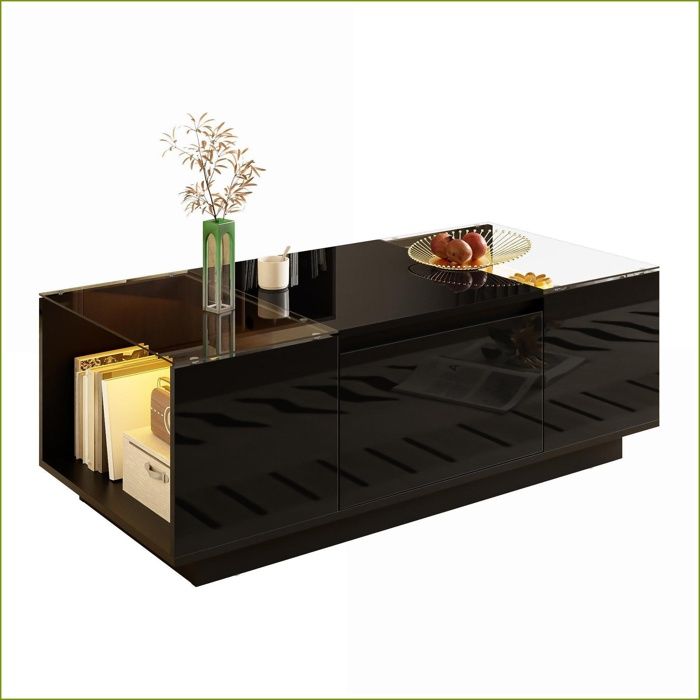 Table basse moderne - LED stauraum vitres 2 tiroirs - Noir
