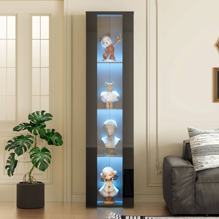 Vitrine haute en verre avec 4 étagères éclairage LED changeant APP panneaux de particules et acrylique noir 40 × 29 × 170 cm