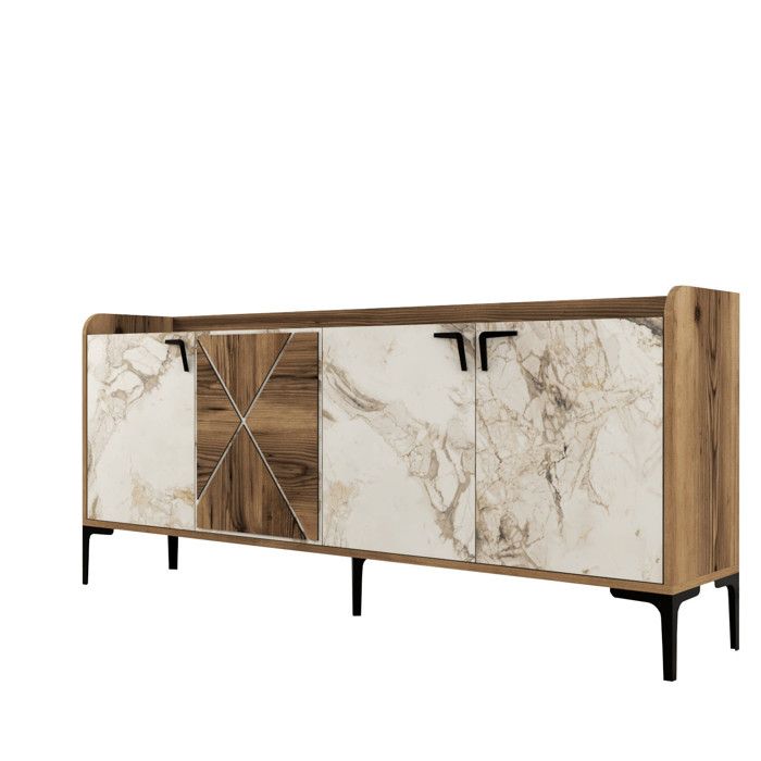 Buffet en bois Venedik - 180 x 35 x 78 cm - Blanc marbré