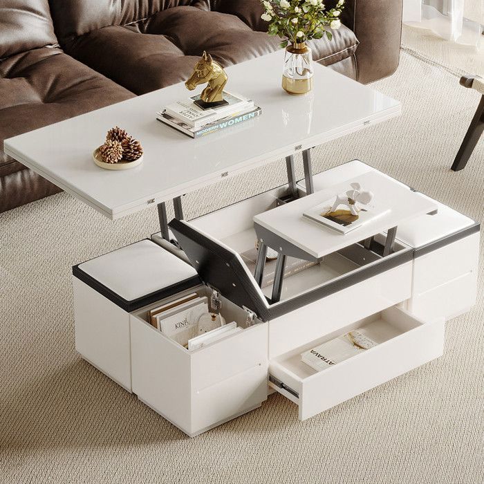 Table Basse Relevable Blanche avec Rangement et 4 Poufs Verre Trempé Table Multifonction Gain de Place