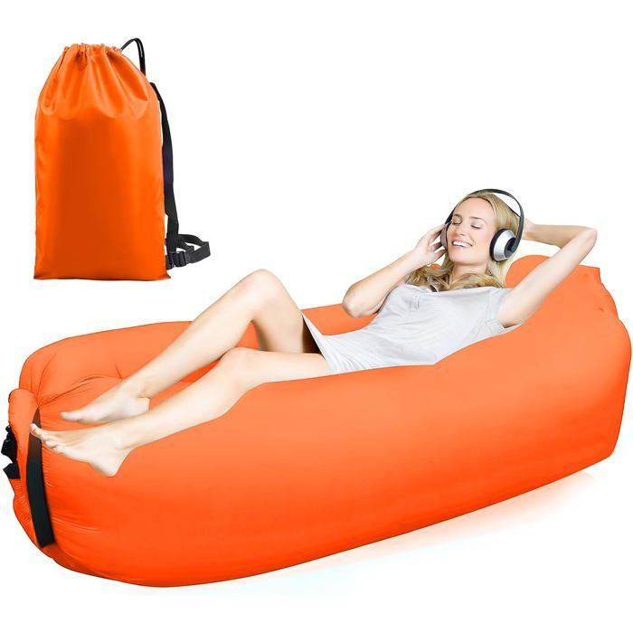 Canapé de plage gonflable Lit gonflable 200 x 70 cm Idéal pour le camping et la plage Orange Polyester