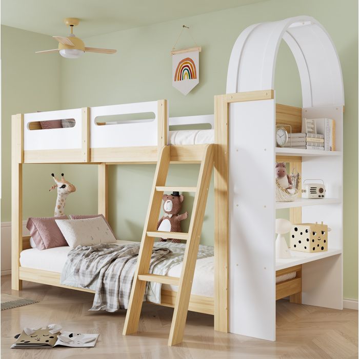 Lit superposé enfant rangement échelle 3 marches garde-corps - ELVMI - pin MDF blanc naturel 90 x 200 cm