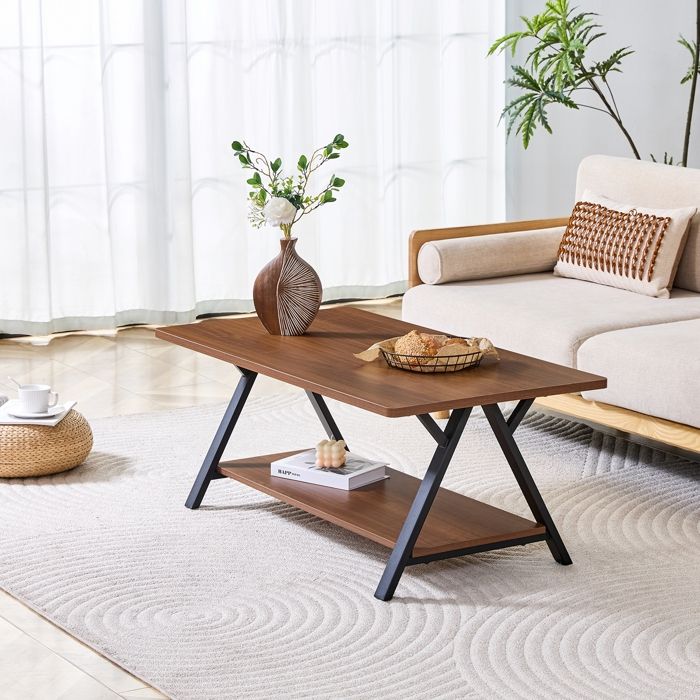 Table Basse Rectangulaire - Table dAppoint pour Salon Séjour Bureau - Table de Salon avec 1 Etagère Espace de Rangement-noyer