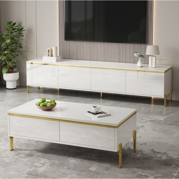 Ensemble meuble TV et table basse blanc brillant avec rangements et détails dorés