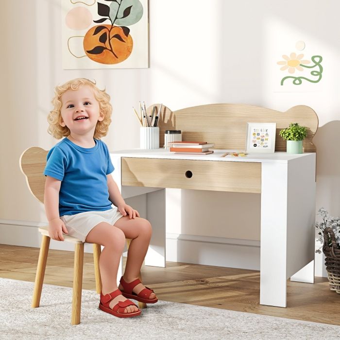Bureau enfant 80x41 cm EVRYAE - avec tiroir et chaise assortie cloison de bureau et surface lisse - Bois naturel