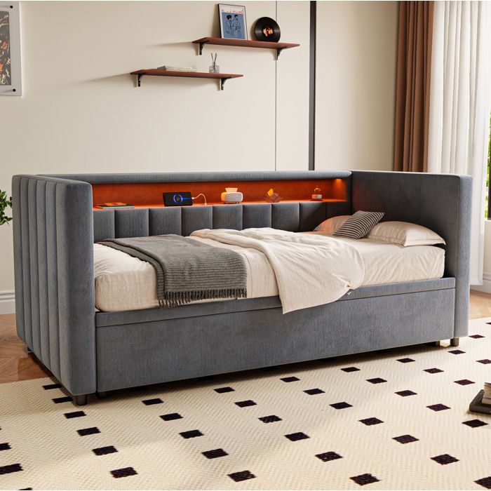 Canapé-lit multifonction 90x190 cm avec lit escamotable port USB Type-C éclairage LED et rangement - Velours gris