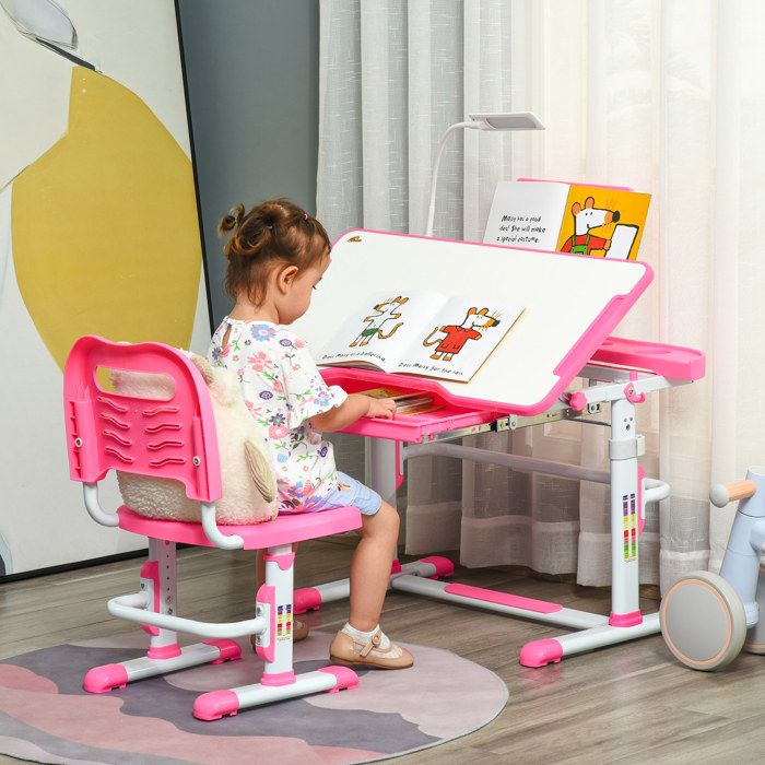 Bureau enfant 6-12 ans avec chaise réglable en hauteur tiroir lampe et plateau inclinable rose