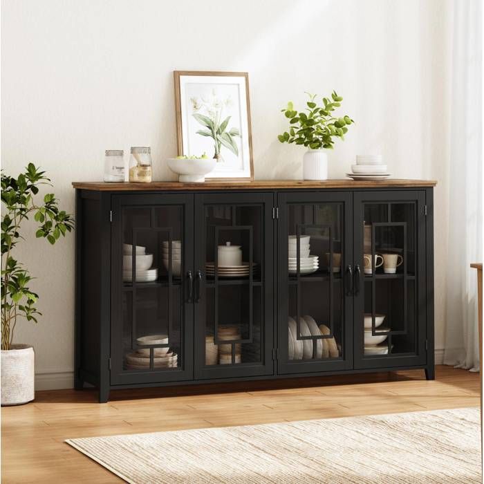 Buffet de cuisine 160 cm avec 4 portes vitrees plan de travail aspect bois MDF noir